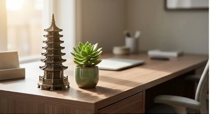 Tháp văn xương bằng đồng và chậu cây xanh nhỏ được đặt ngay ngắn trên bàn làm việc