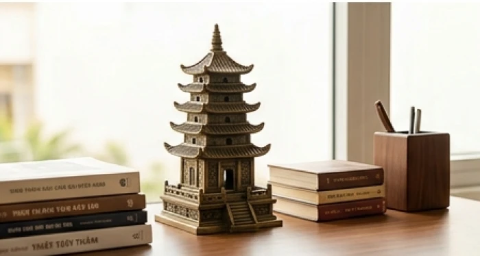 Mô hình tháp văn xương bằng đồng đặt trang trọng trên bàn học giúp xua tan áp lực học tập cho Bính Tuất