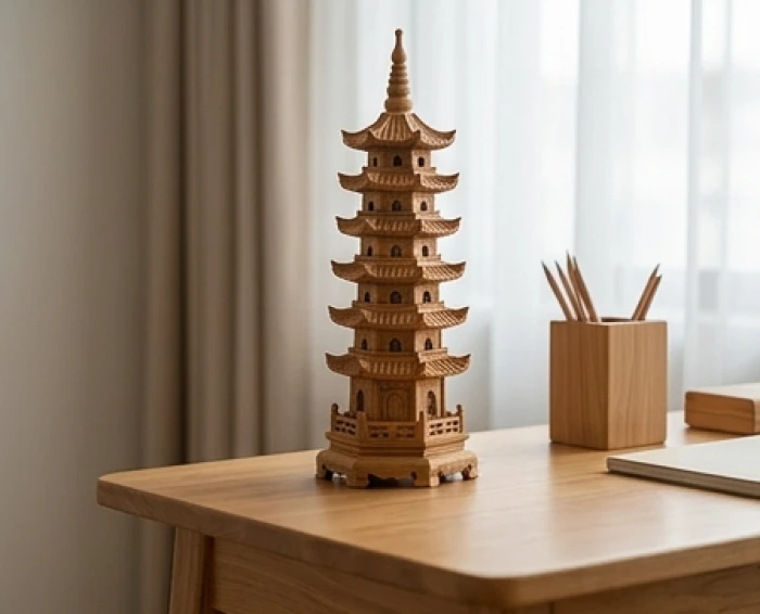 Mô hình tháp văn xương bằng gỗ bảy tầng đặt trang trọng ngay góc trái của chiếc bàn học nhỏ