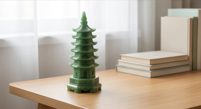 Tháp Văn Xương bằng ngọc xanh nhạt đặt ở góc trái mặt bàn hỗ trợ tăng cường sự tập trung thi cử