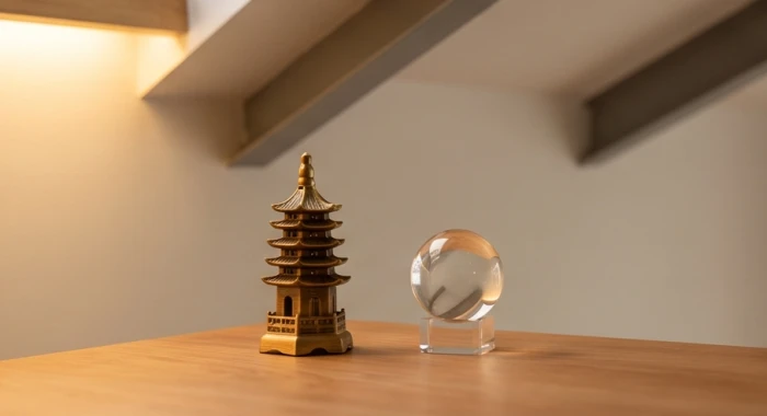 Tháp Văn Xương bằng đồng đặt gọn gàng trên mặt bàn dưới vị trí xà ngang chiếu xuống để giảm sát khí