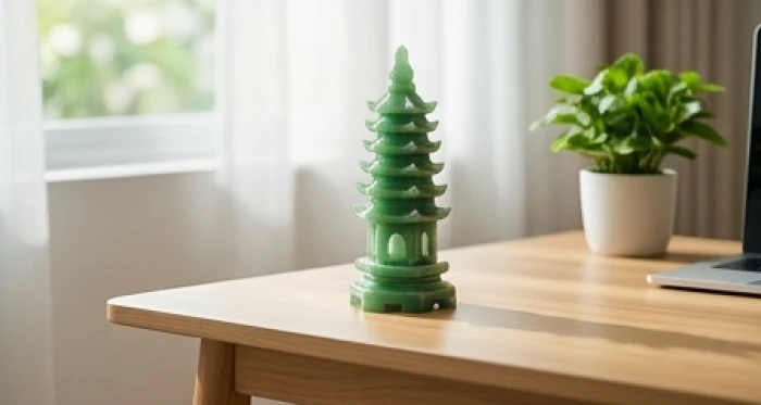 Tháp văn xương bằng đá thạch anh xanh đặt gọn gàng ở góc trái bàn học giúp kích hoạt trí tuệ