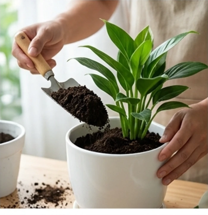 Đôi tay đang cẩn thận đổ lớp đất dinh dưỡng mới vào chậu sứ sạch sẽ để trồng lại cây phong thủy