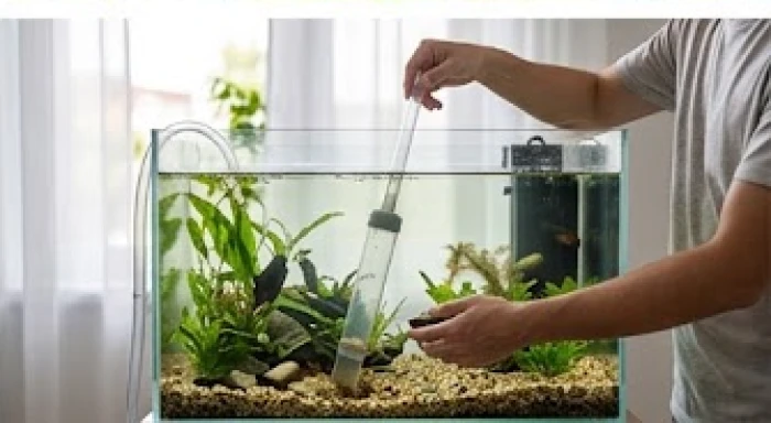 Người dùng sử dụng ống hút chuyên dụng để vệ sinh và thay nước bể cá định kỳ