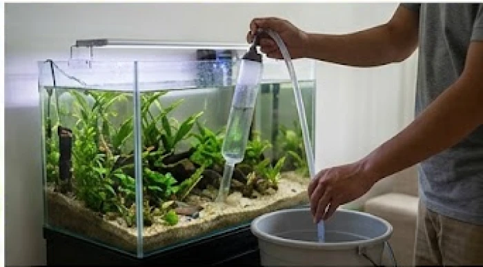 Dùng ống hút nhựa chuyên dụng để rút bớt một phần nước cặn từ đáy bể cá ra ngoài xô.