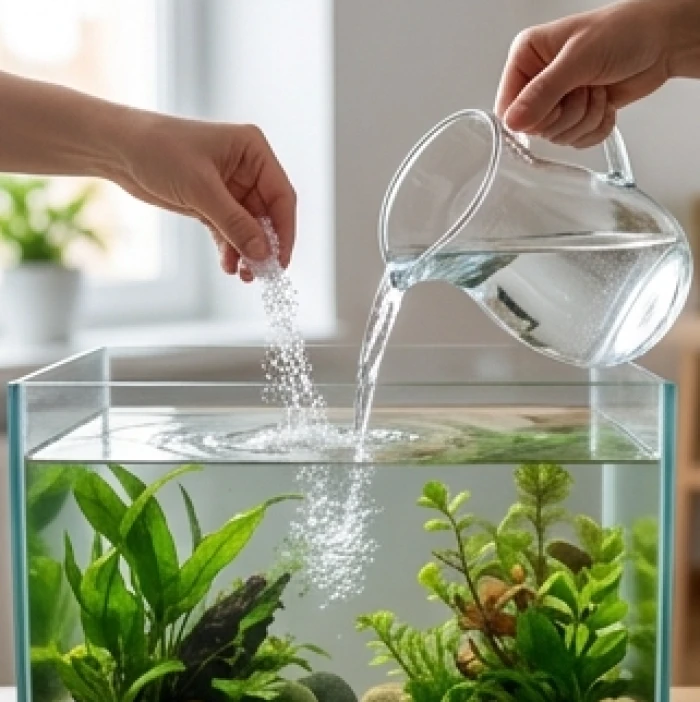 Người nuôi cá thao tác thay nước sạch và bổ sung muối hột sát khuẩn để ổn định môi trường hồ thủy sinh