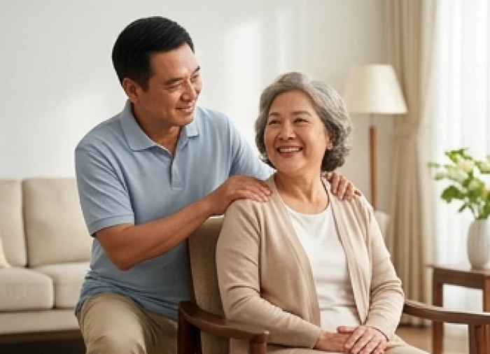 Người con thế hệ 7x ân cần bóp vai và hỏi han sức khỏe ông bà lớn tuổi trong không gian sinh hoạt chung