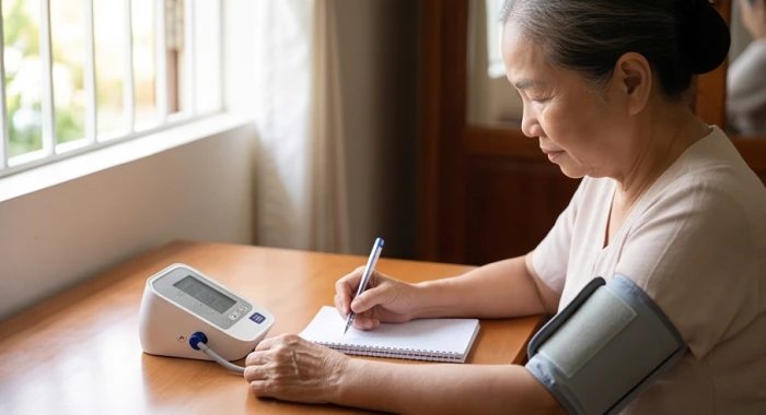 Người cao tuổi đang cẩn thận đo và ghi chép chỉ số huyết áp bằng máy đo điện tử tại bàn trà trong phòng khách
