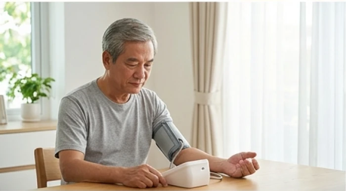 Người đàn ông tuổi ngoài 60 kiểm tra huyết áp tại nhà trong phòng sinh hoạt gọn gàng yên tĩnh
