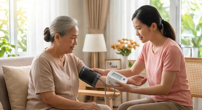 Con cháu đang ân cần đo huyết áp cho người lớn tuổi trong gia đình tại phòng khách