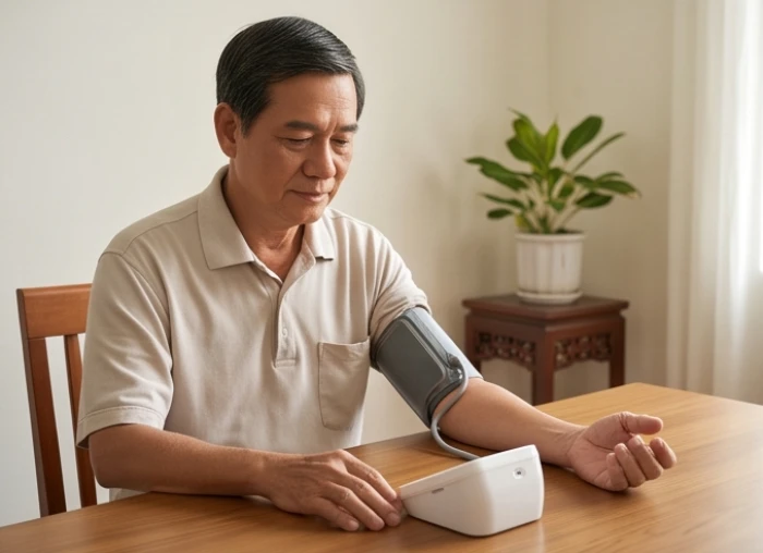 Người nam ngoài 60 tuổi cẩn thận tự đo huyết áp buổi sáng bằng máy đo điện tử trên bàn làm việc tại nhà