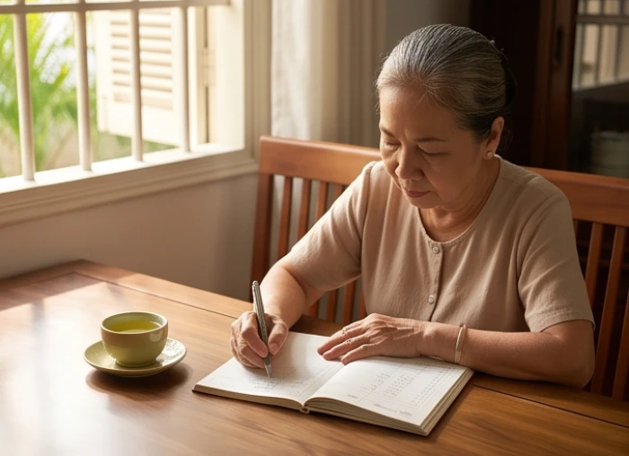 Người phụ nữ ngoài 60 tuổi cẩn thận ghi chép sổ tay quản lý chi tiêu hằng ngày bên cạnh tách trà ấm