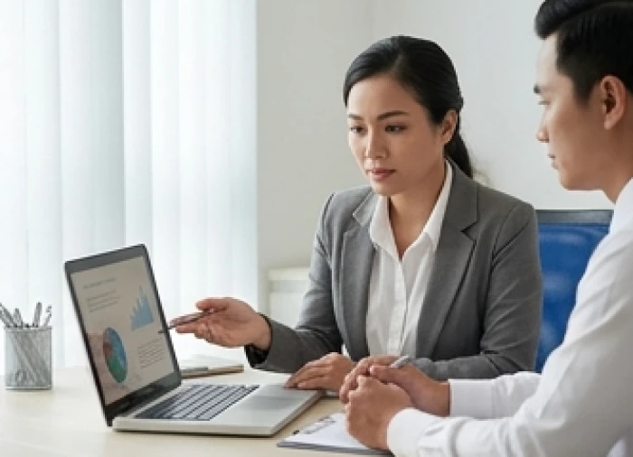 Nhân viên tuổi Tỵ trao đổi công việc và rà soát tiến độ dự án cùng đồng nghiệp trong văn phòng