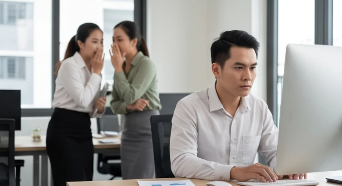 Hai nữ đồng nghiệp đang thì thầm to nhỏ trong không gian văn phòng tạo ra những tin đồn thị phi