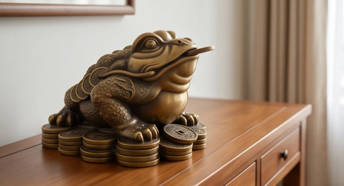 Tượng cóc ba chân thiềm thừ với hai chân trước ôm đống tiền xu và một chân trụ vững chắc phía sau
