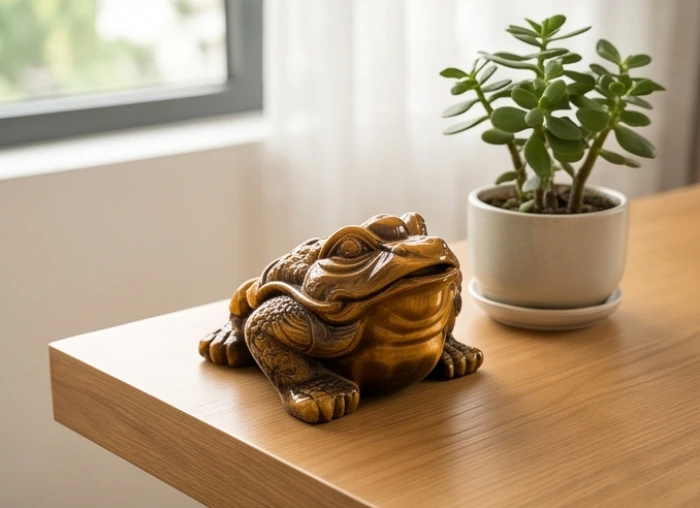 Tượng cóc Thiềm Thừ bằng đá mắt hổ đặt tại góc Tụ Tài trên bàn làm việc của người sinh năm 1984