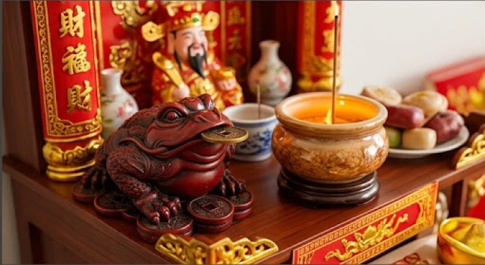 Tượng thiềm thừ ngậm đồng xu cổ đặt chéo góc trên bàn thờ Thần Tài hướng mặt vào phía trong bát nhang