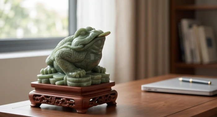 Tượng thiềm thừ cóc ba chân bằng đá ngọc xanh đặt trên đôn gỗ phòng làm việc gia chủ tuổi Tý