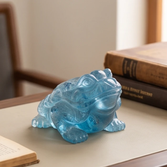 Tượng thiềm thừ chế tác từ đá aquamarine xanh dương mát mắt hợp phong thủy bản mệnh Ất Dậu
