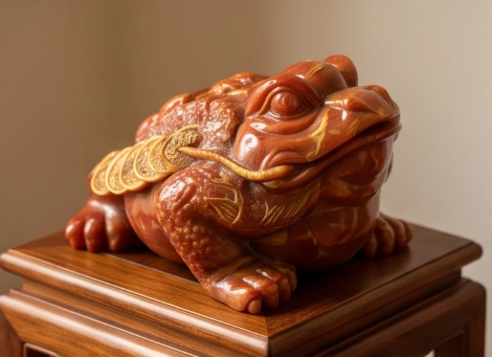 Tượng thiềm thừ chế tác từ đá mã não đỏ vân vàng tự nhiên đặt vững chãi trên ban thờ trang trọng