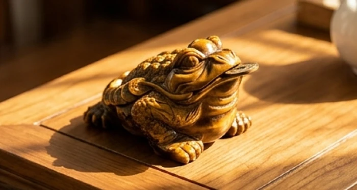 Linh vật thiềm thừ chạm khắc từ đá mắt hổ nâu vàng bóng bẩy phát sáng dưới ánh nắng tự nhiên