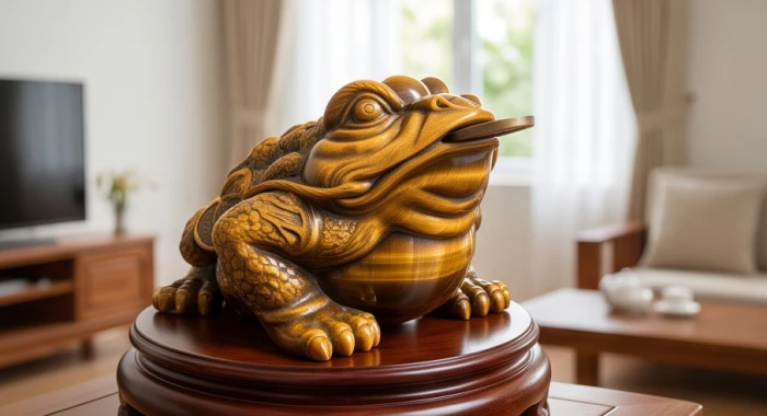 Tượng thiềm thừ được chạm khắc tinh xảo từ đá mắt hổ vàng nâu sang trọng cho người tuổi Đinh Tỵ mệnh Thổ