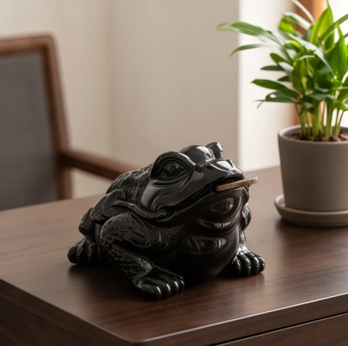 Tượng thiềm thừ đá obsidian đen bóng bẩy và gỗ tự nhiên dành cho người mệnh Mộc tuổi Tân Dậu