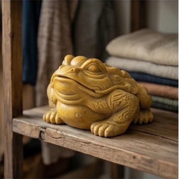 Cóc ba chân chế tác từ đá tự nhiên màu vàng sậm mang đặc tính hành Thổ đặt trên kệ gỗ cao