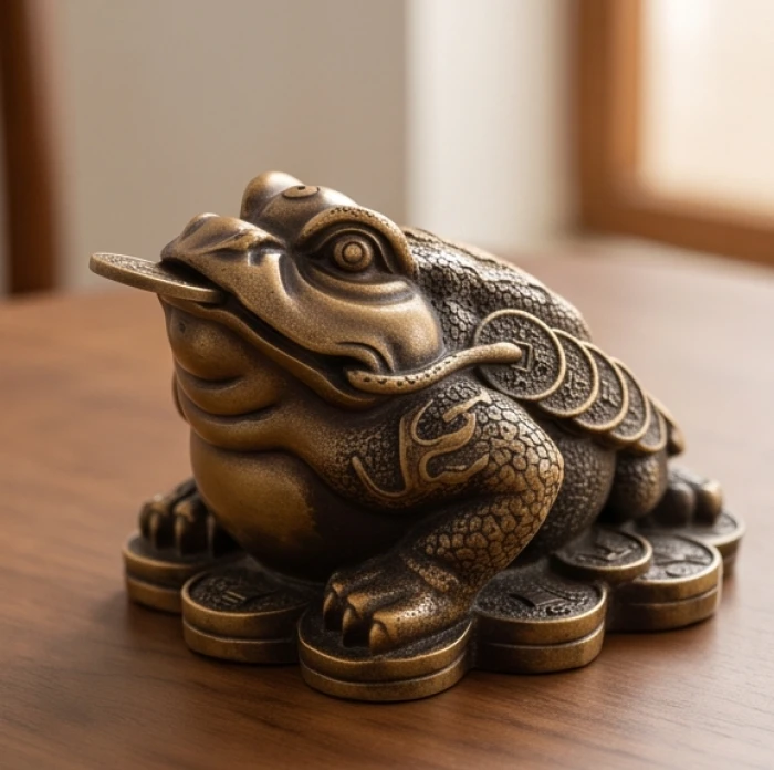 Tượng thiềm thừ bằng đồng nguyên khối chạm trổ vảy cóc sắc nét và phủ lớp màu trầm cổ kính