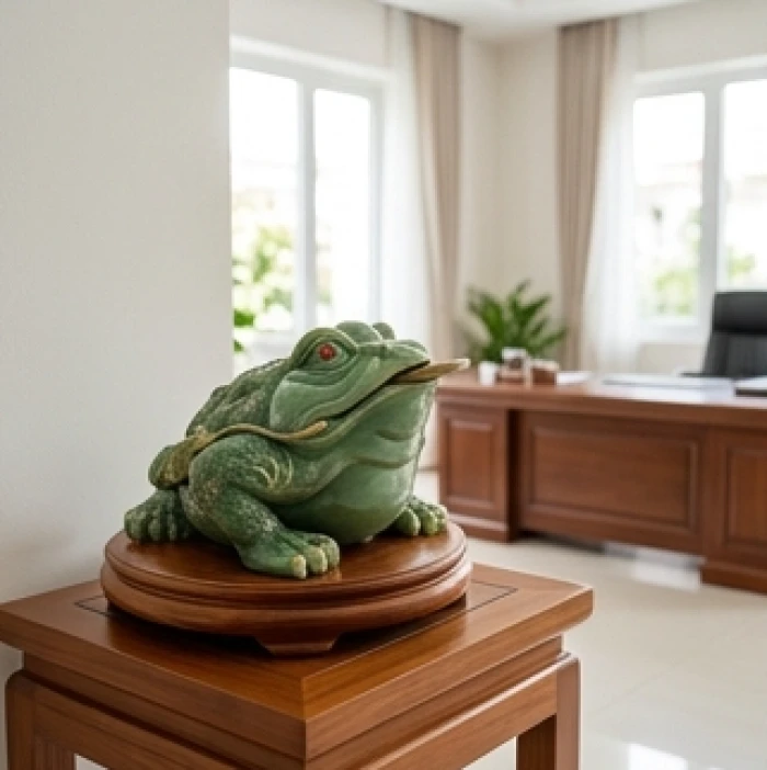 Tượng Cóc ba chân ngậm tiền Thiềm Thừ đặt ở góc chéo 45 độ hướng mặt quay vào bên trong bàn làm việc chiêu tài khí