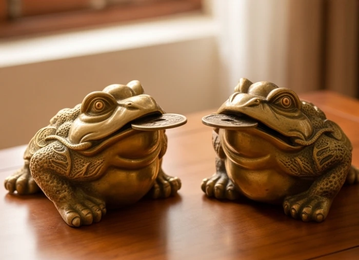 Hai mẫu tượng cóc ba chân ngậm đồng tiền cố định và miệng mở rộng đặt đồng xu rời rõ nét