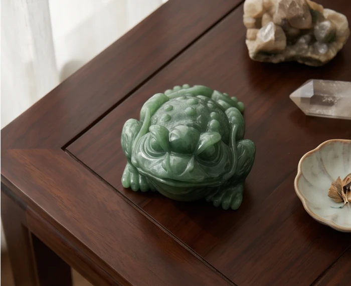 Tượng thiềm thừ ngọc bích xanh lá tự nhiên nguyên khối hợp cho người tuổi Mậu Thìn mang mệnh Mộc theo ngũ hành