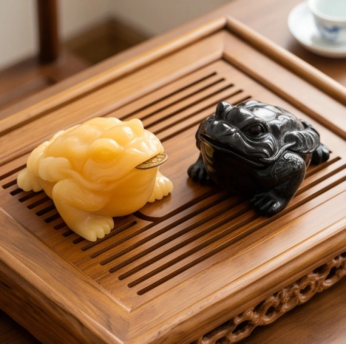 Hai mẫu thiềm thừ ngọc hoàng long và thạch anh đen chạm khắc sắc nét đặt cạnh nhau trên bàn trà