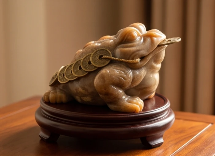 Tượng thiềm thừ ba chân cõng chuỗi tiền xu đặt trang trọng trên kệ gỗ giúp tụ khí chiêu tài