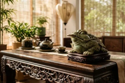 Tượng thiềm thừ phong thủy tuổi dần bằng đá tự nhiên đặt trên bàn gỗ chạm khắc