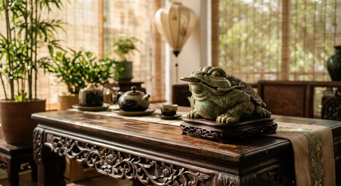 Tượng thiềm thừ phong thủy tuổi dần bằng đá tự nhiên đặt trên bàn gỗ chạm khắc