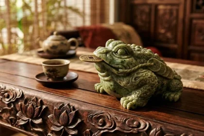 Tượng thiềm thừ phong thủy tuổi mão bằng đá tự nhiên đặt trên bàn trà gỗ truyền thống Việt Nam