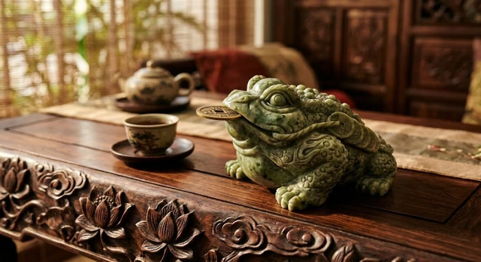 Tượng thiềm thừ phong thủy tuổi mão bằng đá tự nhiên đặt trên bàn trà gỗ truyền thống Việt Nam