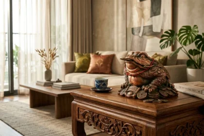 Tượng thiềm thừ phong thủy tuổi ngọ bằng đồng đặt trên bàn gỗ phòng khách