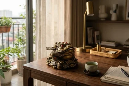 Tượng thiềm thừ phong thủy tuổi thân bằng ngọc bích đặt trang trọng trên bàn làm việc bằng gỗ trắc
