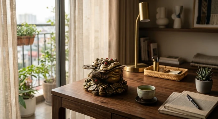 Tượng thiềm thừ phong thủy tuổi thân bằng ngọc bích đặt trang trọng trên bàn làm việc bằng gỗ trắc