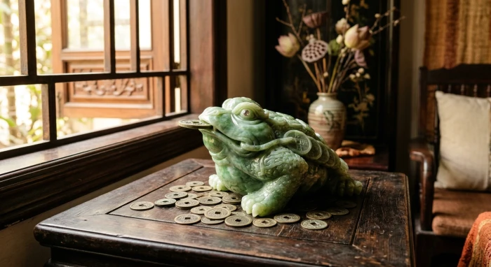 Tượng thiềm thừ phong thủy tuổi tý bằng ngọc bích đặt trên bàn gỗ phòng khách sang trọng để thu hút vượng khí