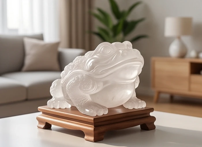 Tượng cóc ba chân ngậm tiền bằng thạch anh trắng được đặt trang trọng ở góc chéo phòng khách
