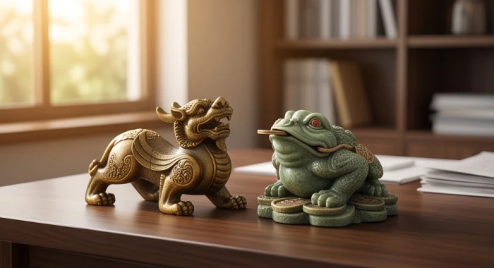 Tượng cóc ngậm tiền và tỳ hưu đặt đúng hướng trên bàn làm việc giúp thu hút vượng khí cho gia chủ