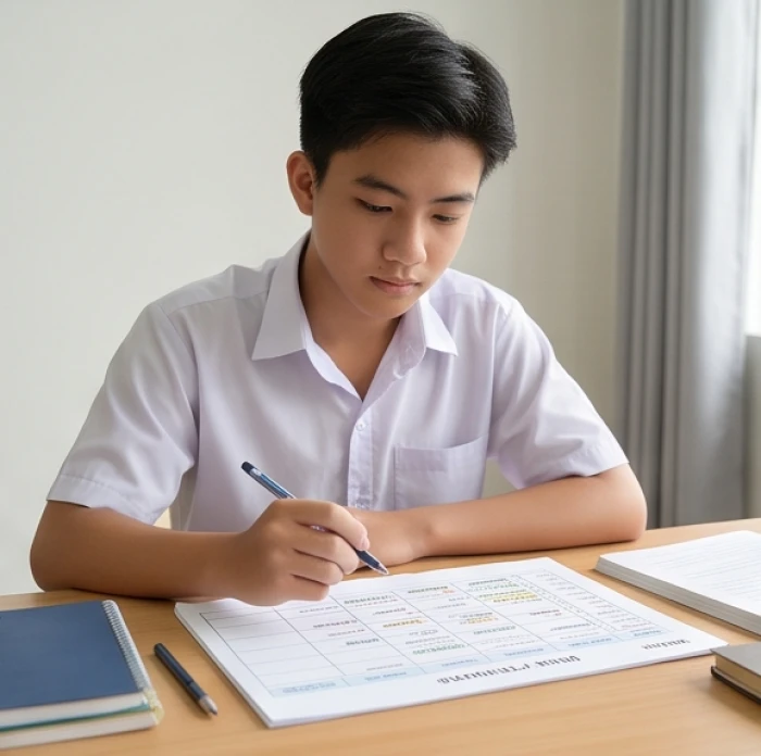 Học sinh nam tuổi Canh Dần suy nghĩ cẩn trọng khi lập thời gian biểu học tập để cân bằng tính kỷ luật