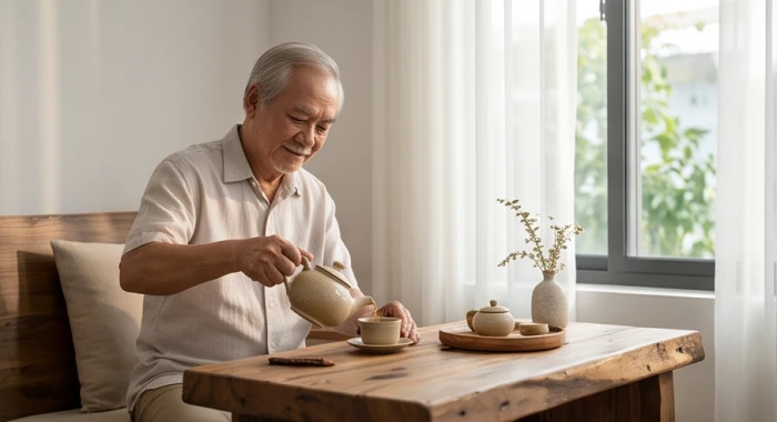 Người đàn ông tuổi Kỷ Hợi 1959 ngồi thư thái bên bàn trà gỗ mộc thưởng thức sự bình yên tuổi xế chiều