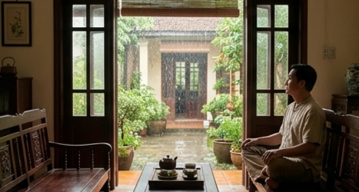Người tuổi ngọ ngồi thưởng trà thư thái bên hiên nhà dưới cơn mưa thiên hà thủy năm 2026
