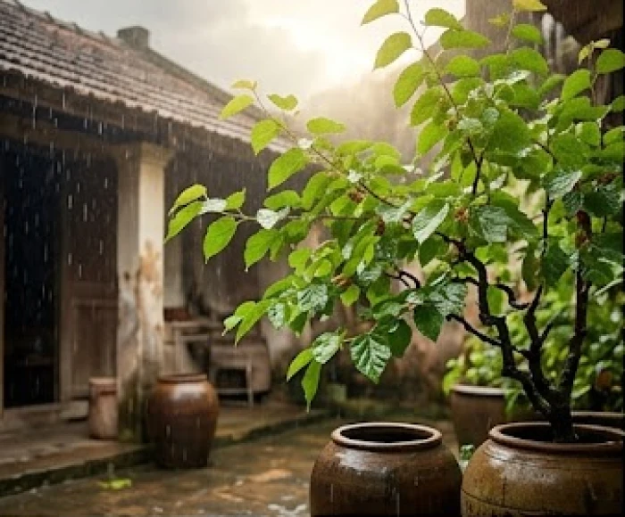 Cây dâu xanh tốt vươn cành đón dòng nước mưa thanh khiết thể hiện ngũ hành Thiên Hà Thủy tương sinh Tang Đố Mộc