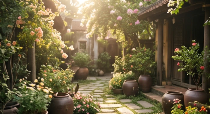 Ánh sáng mặt trời dịu nhẹ chiếu rọi qua khu vườn mộc mạc mang biểu tượng của mệnh Thiên Thượng Hỏa