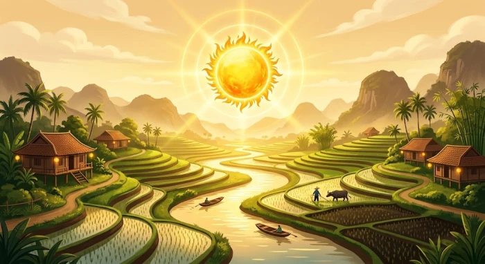 Biểu tượng nguồn năng lượng mặt trời rực rỡ đại diện cho đặc trưng tính cách và phong thủy của mệnh thiên thượng hỏa